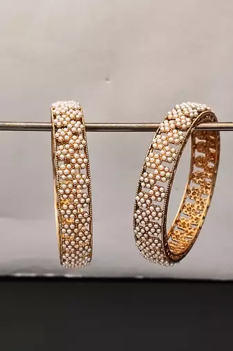 Elegant pearl studded bangles set, high gold polish bridal bangles, traditional ethnic jewelry for women 2 pcs set