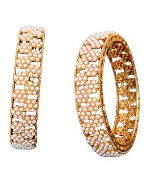 Elegant pearl studded bangles set, high gold polish bridal bangles, traditional ethnic jewelry for women 2 pcs set 4