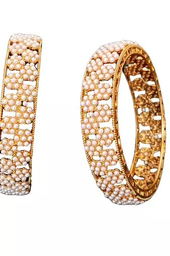 Elegant pearl studded bangles set, high gold polish bridal bangles, traditional ethnic jewelry for women 2 pcs set