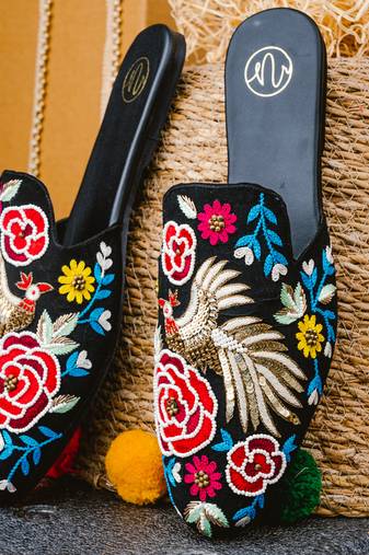 Black embroidered leather mules