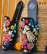 Black embroidered leather mules