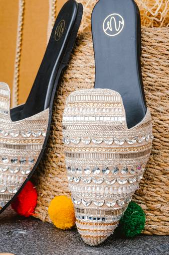 Gold embroidered leather mules