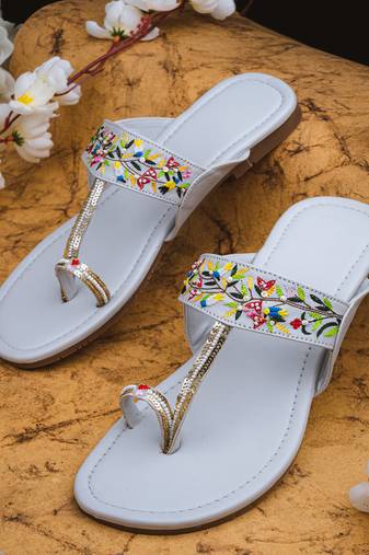 Grey embroidered leather kolhapuris