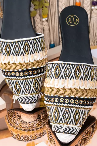 Blue embroidered leather mules