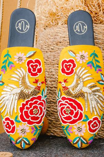 Yellow embroidered leather mules