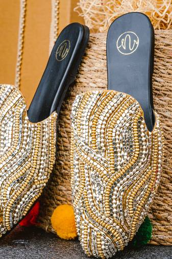 Gold embroidered leather mules