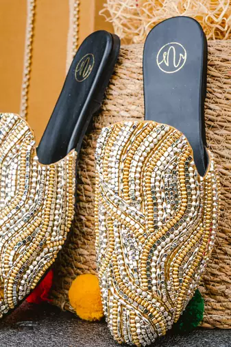 Gold embroidered leather mules