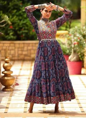 Women  Bandhani Printed Faux Georgette with Flared Gown 1