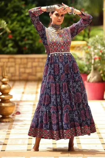 Women Gorgeous Bandhani Printed Faux Georgette Fabric with Flared Gown