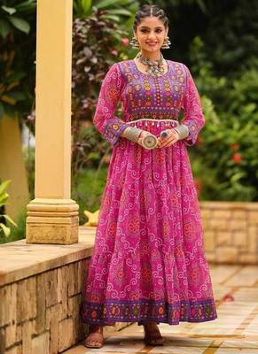 Women  Bandhani Printed Faux Georgette with Flared Gown 1