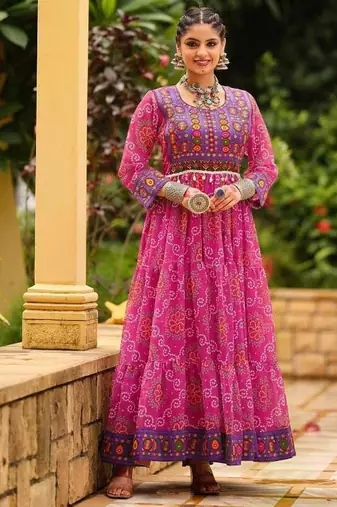 Women Gorgeous Bandhani Printed Faux Georgette Fabric with Flared Gown