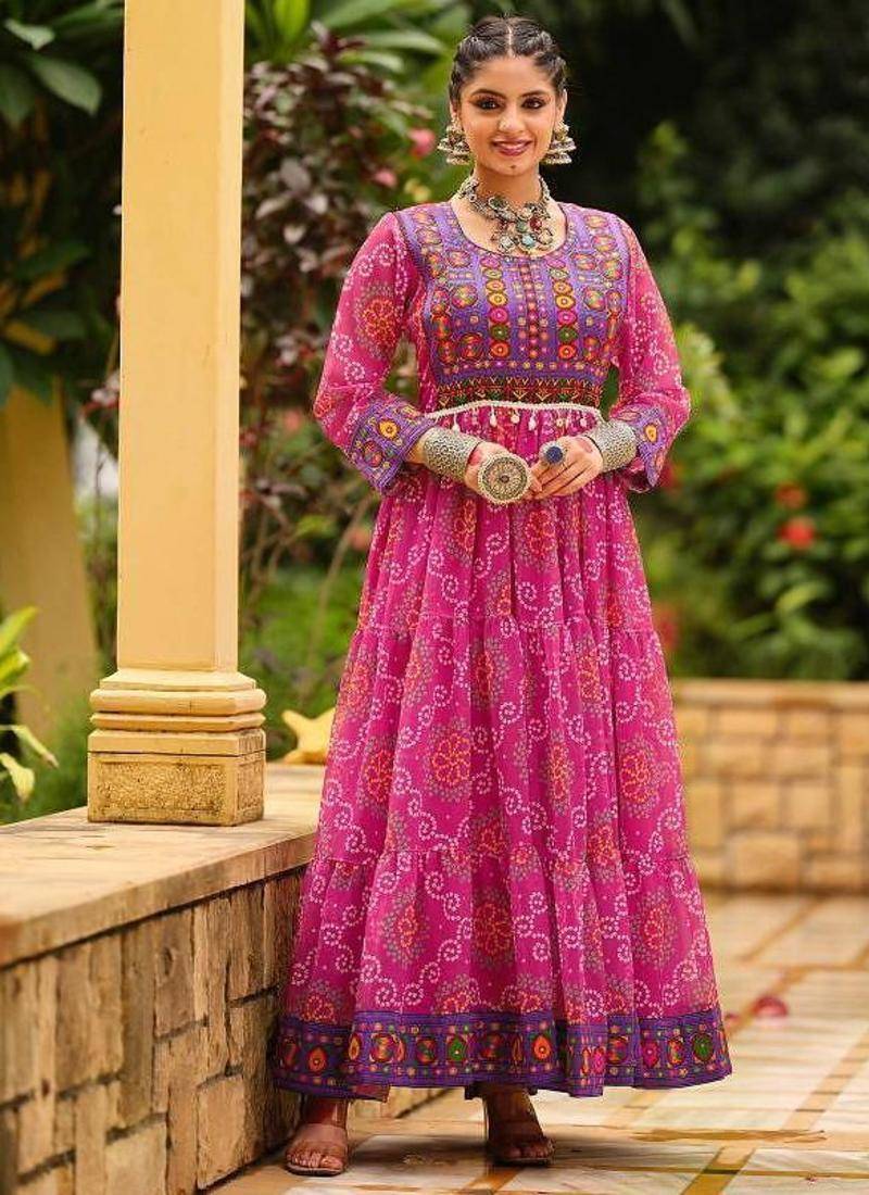 Women Gorgeous Bandhani Printed Faux Georgette Fabric with Flared Gown