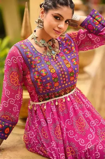 Women  Bandhani Printed Faux Georgette with Flared Gown
