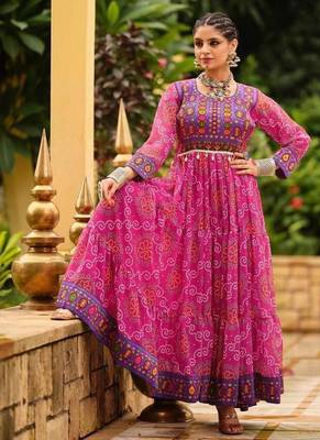 Women  Bandhani Printed Faux Georgette with Flared Gown 4