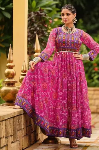 Women  Bandhani Printed Faux Georgette with Flared Gown