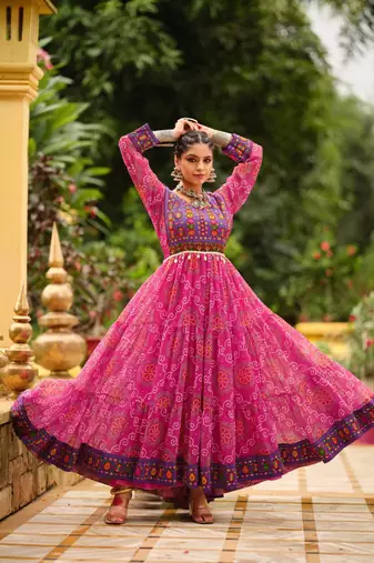 Women  Bandhani Printed Faux Georgette with Flared Gown
