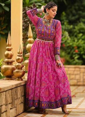 Women  Bandhani Printed Faux Georgette with Flared Gown 6