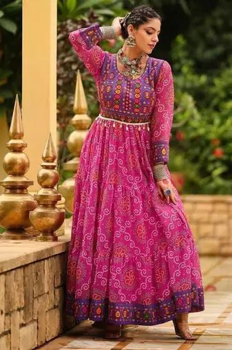Women  Bandhani Printed Faux Georgette with Flared Gown