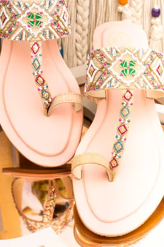 Pink embroidered leather kolhapuris