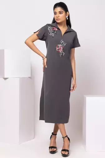 Grey embroidered cotton dress