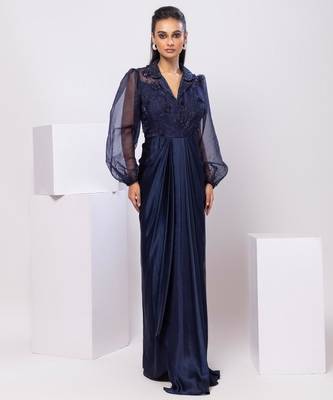 Blue embroidered satin dress 1