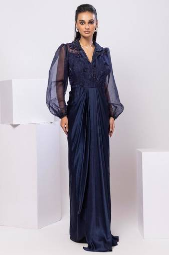 Blue embroidered satin dress