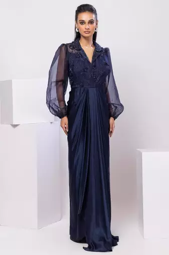 Blue embroidered satin dress