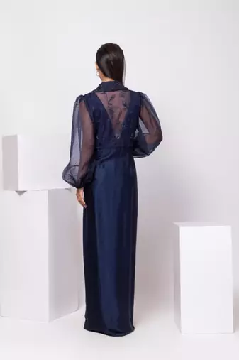 Blue embroidered satin dress