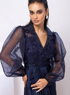 Blue embroidered satin dress 3