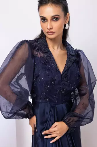 Blue embroidered satin dress