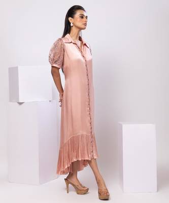 Peach embroidered satin dress 1