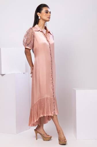 Peach embroidered satin dress