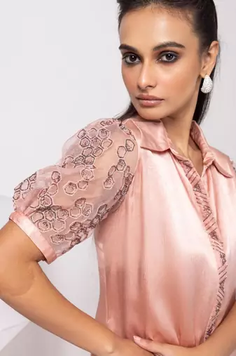 Peach embroidered satin dress