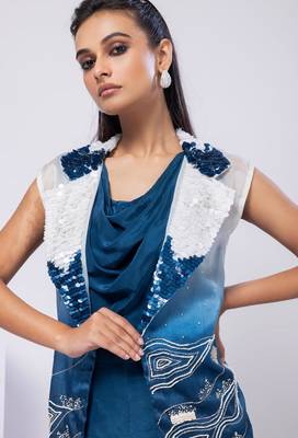 Blue embroidered satin jacket set 1