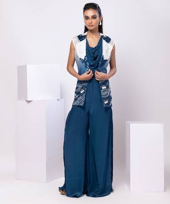 Blue embroidered satin jacket set 2