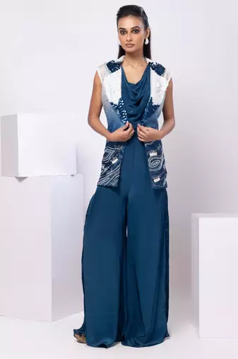 Blue embroidered satin jacket set