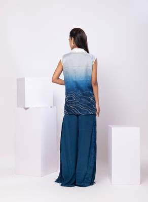 Blue embroidered satin jacket set 3