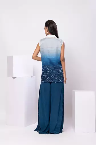 Blue embroidered satin jacket set