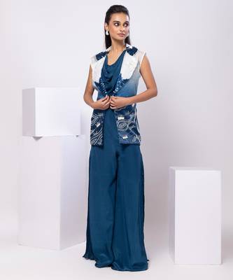 Blue embroidered satin jacket set 4