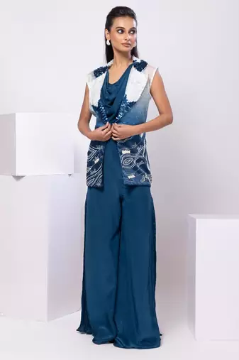 Blue embroidered satin jacket set