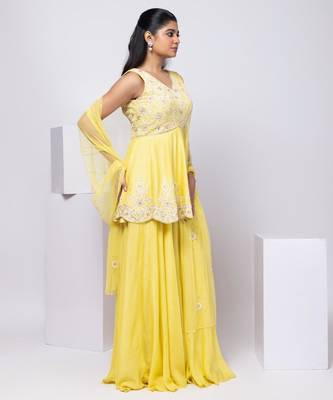 Yellow embroidered silk sharara set 2