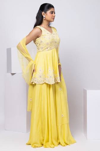 Yellow embroidered silk sharara set