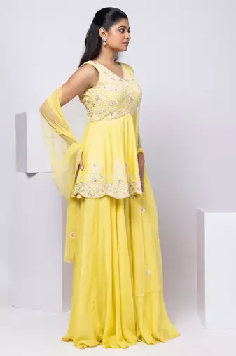 Yellow embroidered silk sharara set