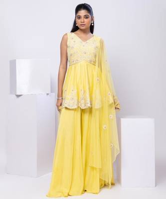 Yellow embroidered silk sharara set 1