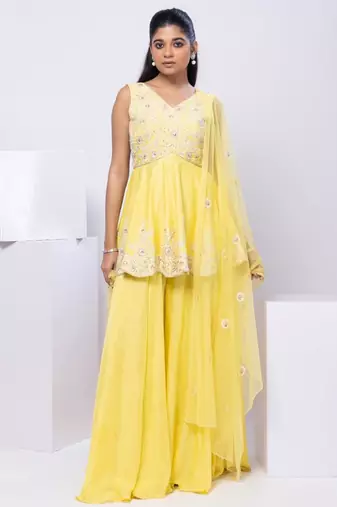 Yellow embroidered silk sharara set