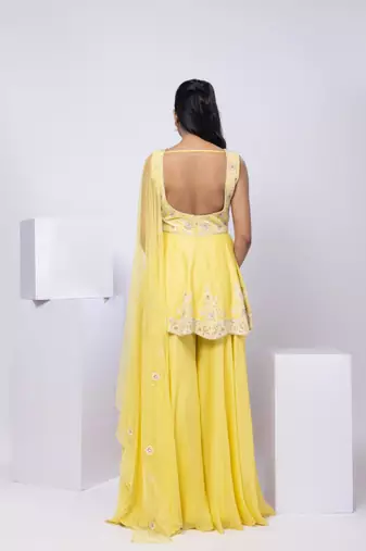 Yellow embroidered silk sharara set