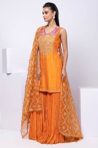 Orange embroidered silk sharara set