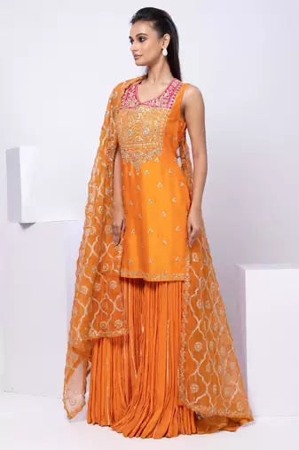Orange embroidered silk sharara set
