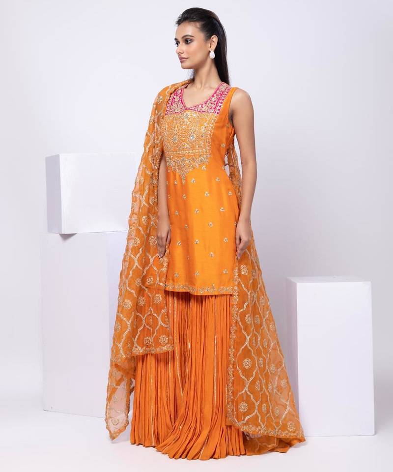 Orange embroidered silk sharara set
