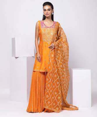 Orange embroidered silk sharara set 1